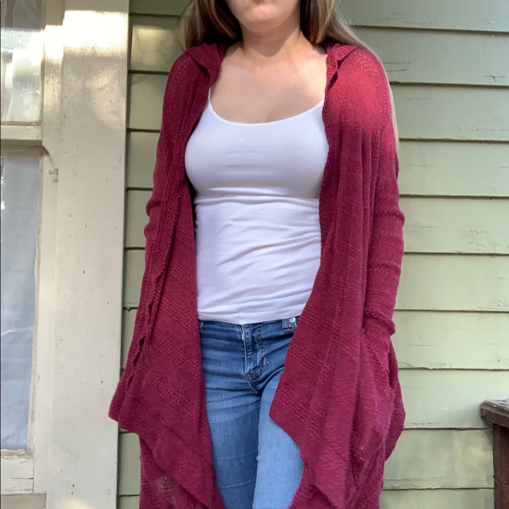 Red hooded cardigan